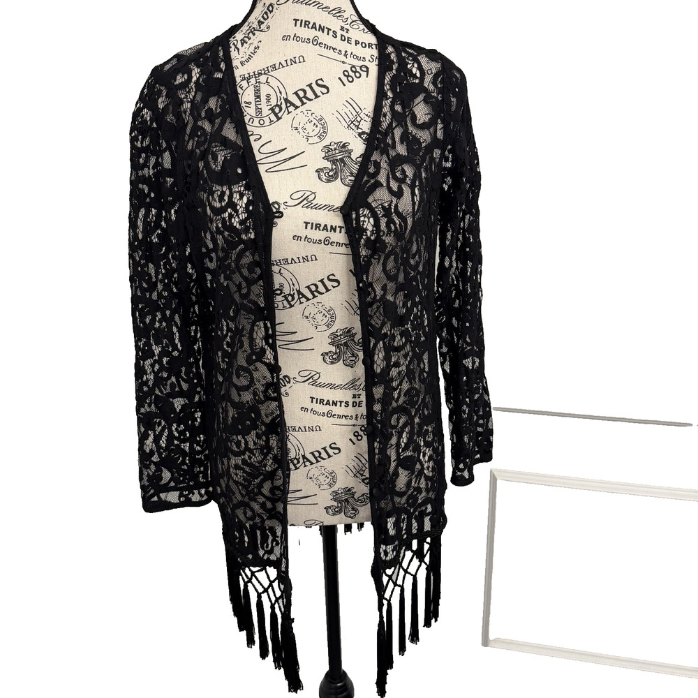 Chris McLaughlin Women’s Black Lace Duster With Tassels Size Medium Button Front